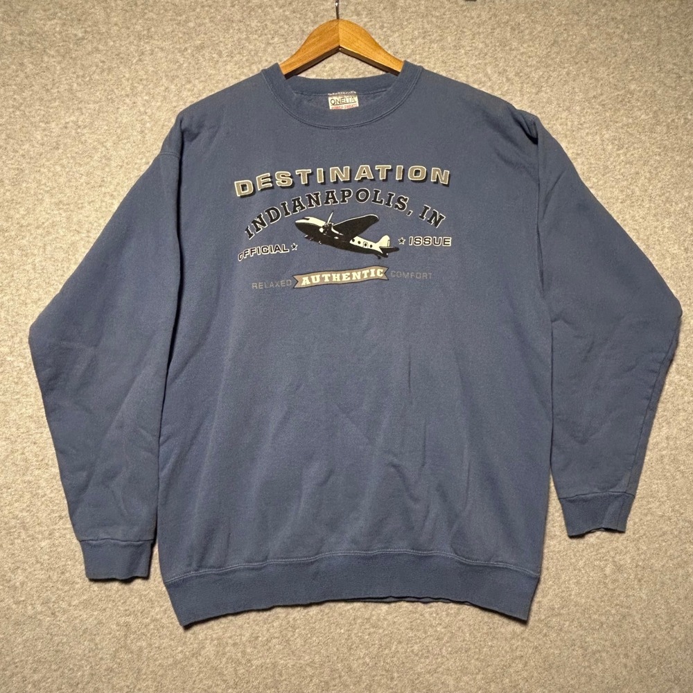 Oneita Sweatshirt Mens L Blue Destination Indianapolis Airplane Vintage Core USA